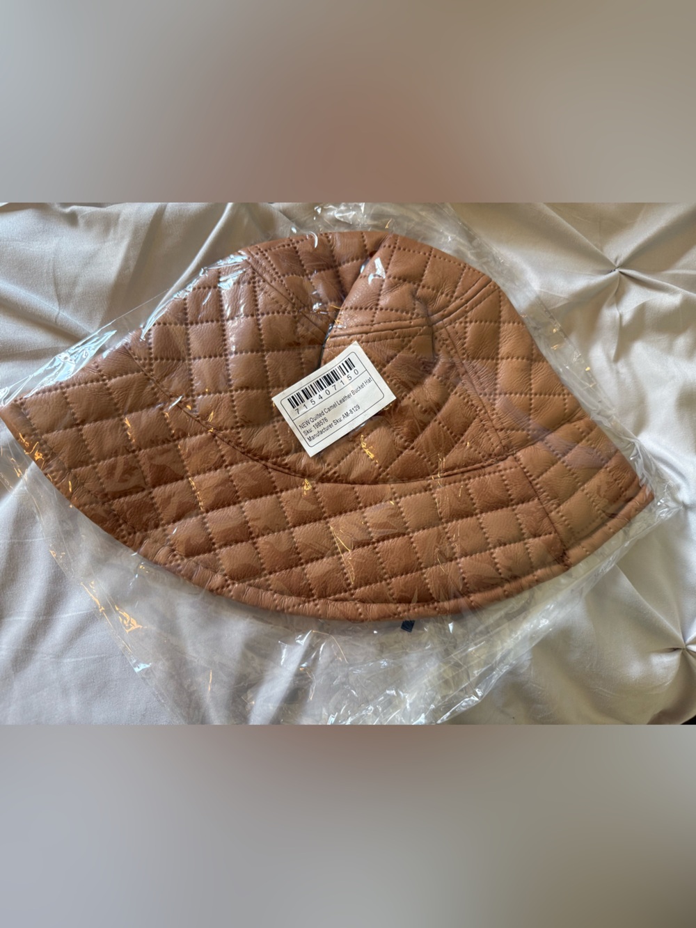 NWT- Pink Lily- Quilted Camel Leather Bucket Hat